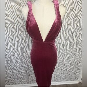 Plunge Velvet Midi Dress in Deep Rose